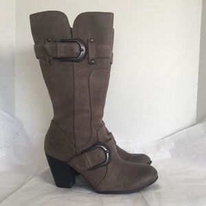 Born Crown Taupe Leather Mid Calf Heeled Boot - Size 6.5 Comfort Buckle Details